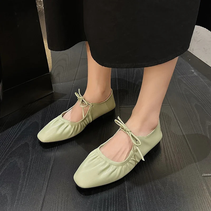 Women Flat Shoes Genuine Leather Sheepskin Comfort Flats Slip On Silver Beige Simple Shoes Spring Autumn Soft Loafers Square Toe 250322