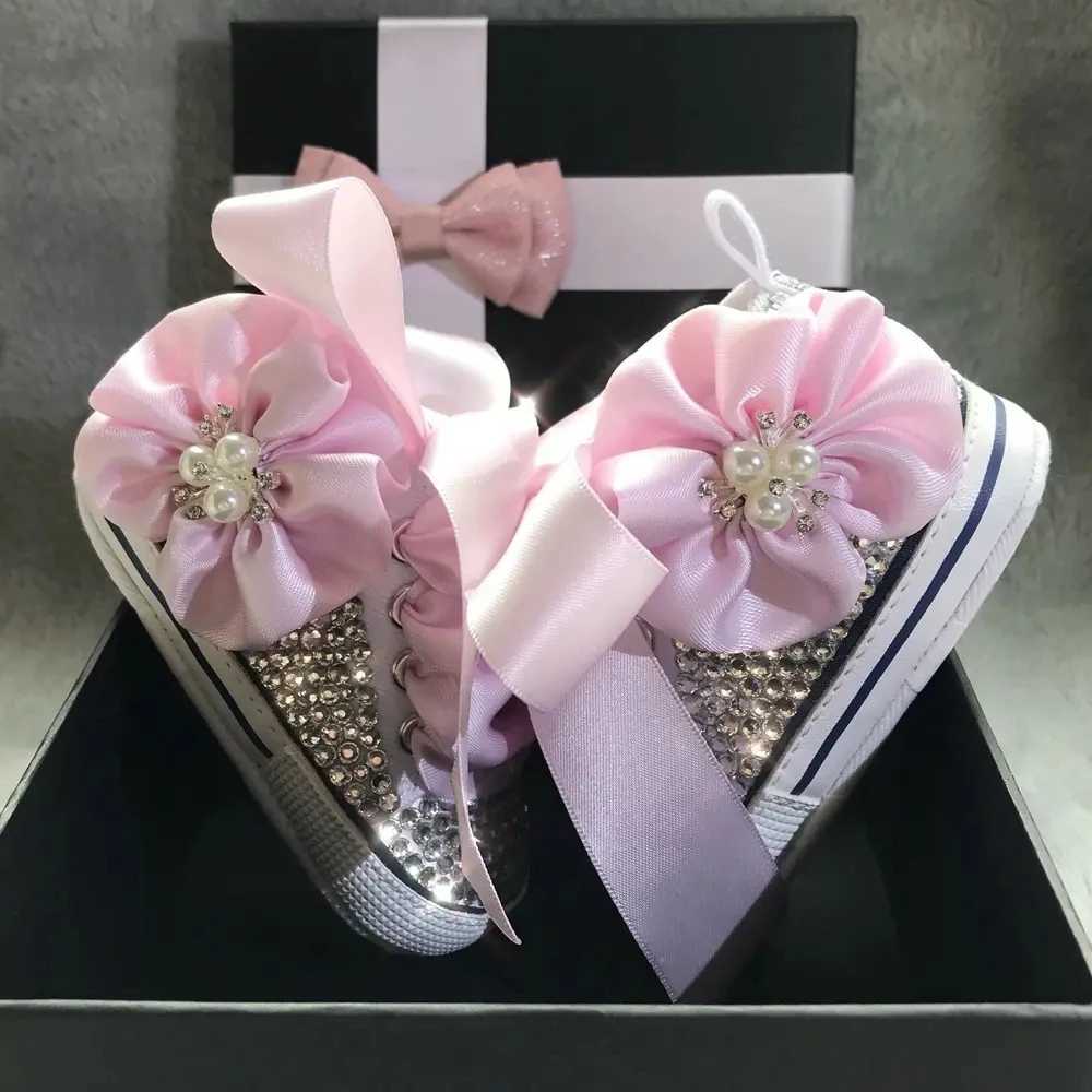 Dollbling Bling Rhinestones baby canvas white ribbon hair bow headband gift Keepsake birthday newborn baby crib shoes pearl X250322