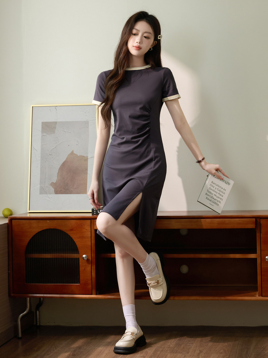 CL2180 A3 High quality Temperament dress for women summer 2025 new style contrast color waist pleated slit skirt