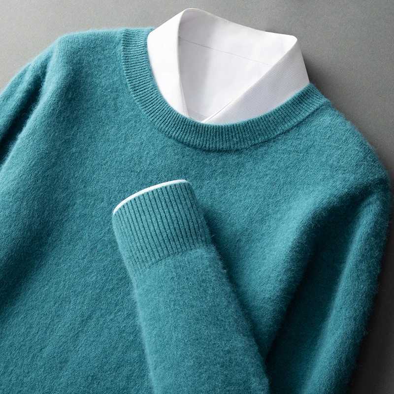 Mens 100% mink cashmere sweater loose autumn winter youth solid color long sleeved zipper round neck knitted bottom sweater W250322