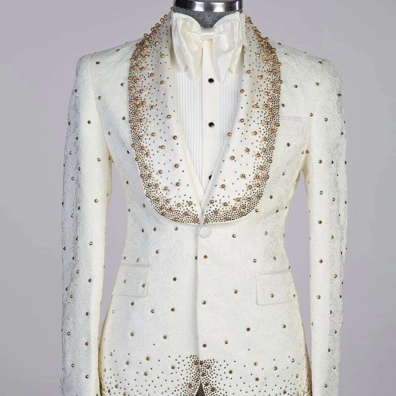 2 Pieces Blazer Vest Men Suits Tuxedo Appliques One Button Wide Lapel Formal Dias Beads Party Wedding Plus Size Tailored