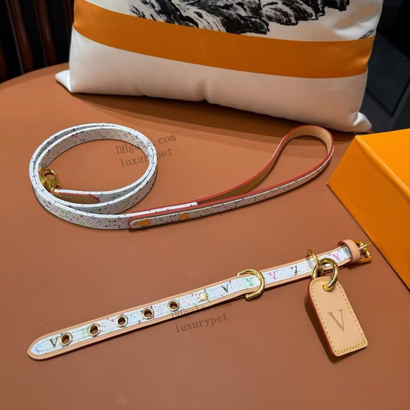 Designer Leather Dog Collar Leash Set, Luxury Letter Printing Dog Collar Set All Gold Colour Adjustable Metal Buckle Durable for Small Medium Dogs White B96