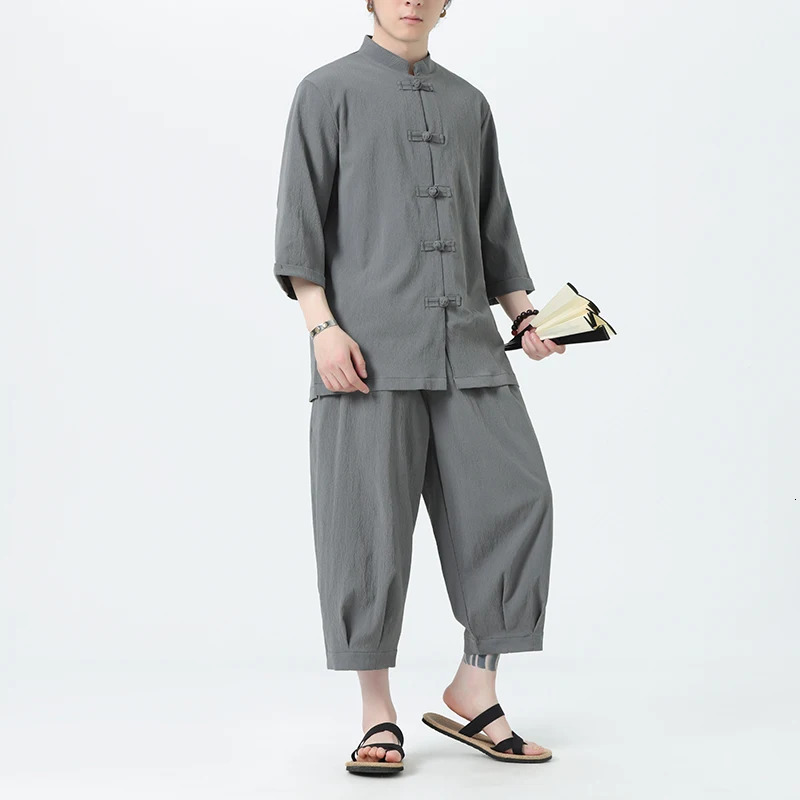 Summer cotton linen shirt set for mens casual outdoor 2-piece set and family clothing with pants 2-piece beach short sleeved set 250318