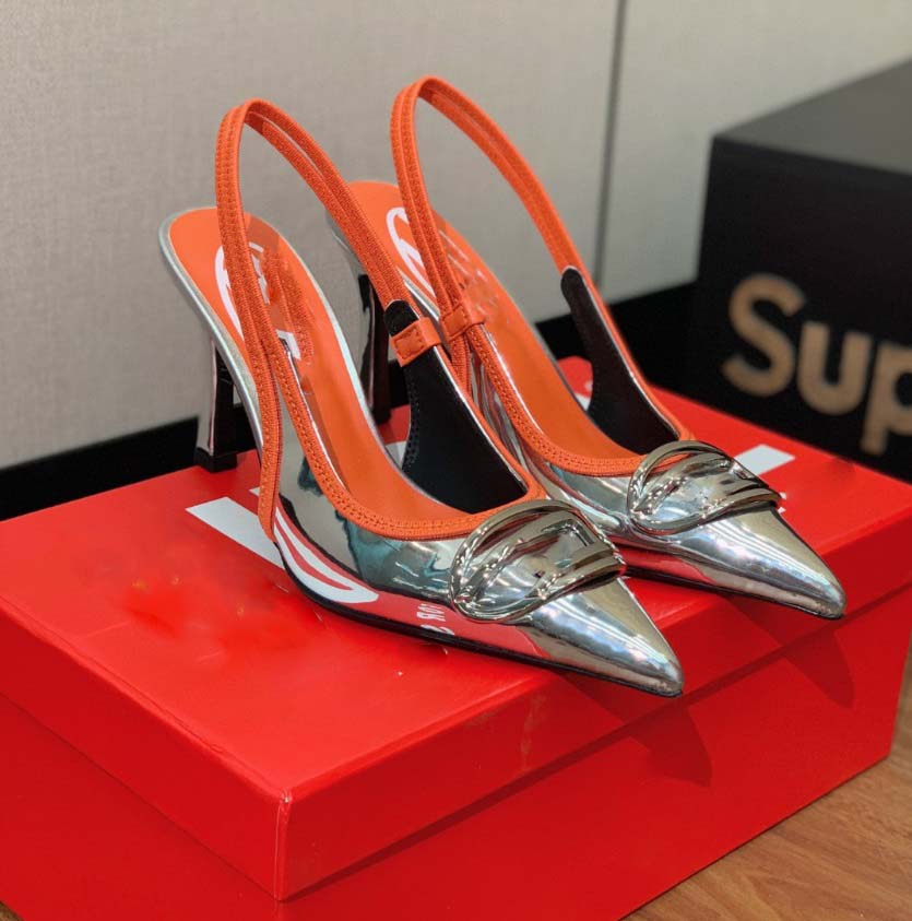 Women Designer High Heels White Black Nude Golden Patent Genuine Leather Mules Glittery Slides Crystal Strap Mesh Pumps Lady Flat Shoes