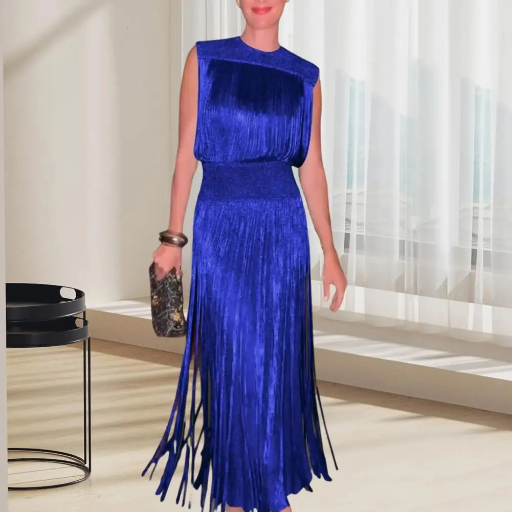 Womens round neck dress sexy Bodycon Maxi Prom with tassel details evening party womens wear 250320