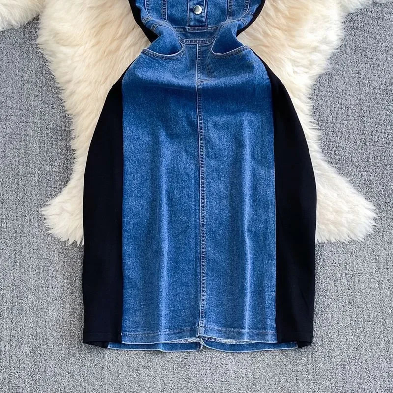 Korean style elegant short sleeved round neck slimming denim splicing A-line casual T-shirt dress 250318