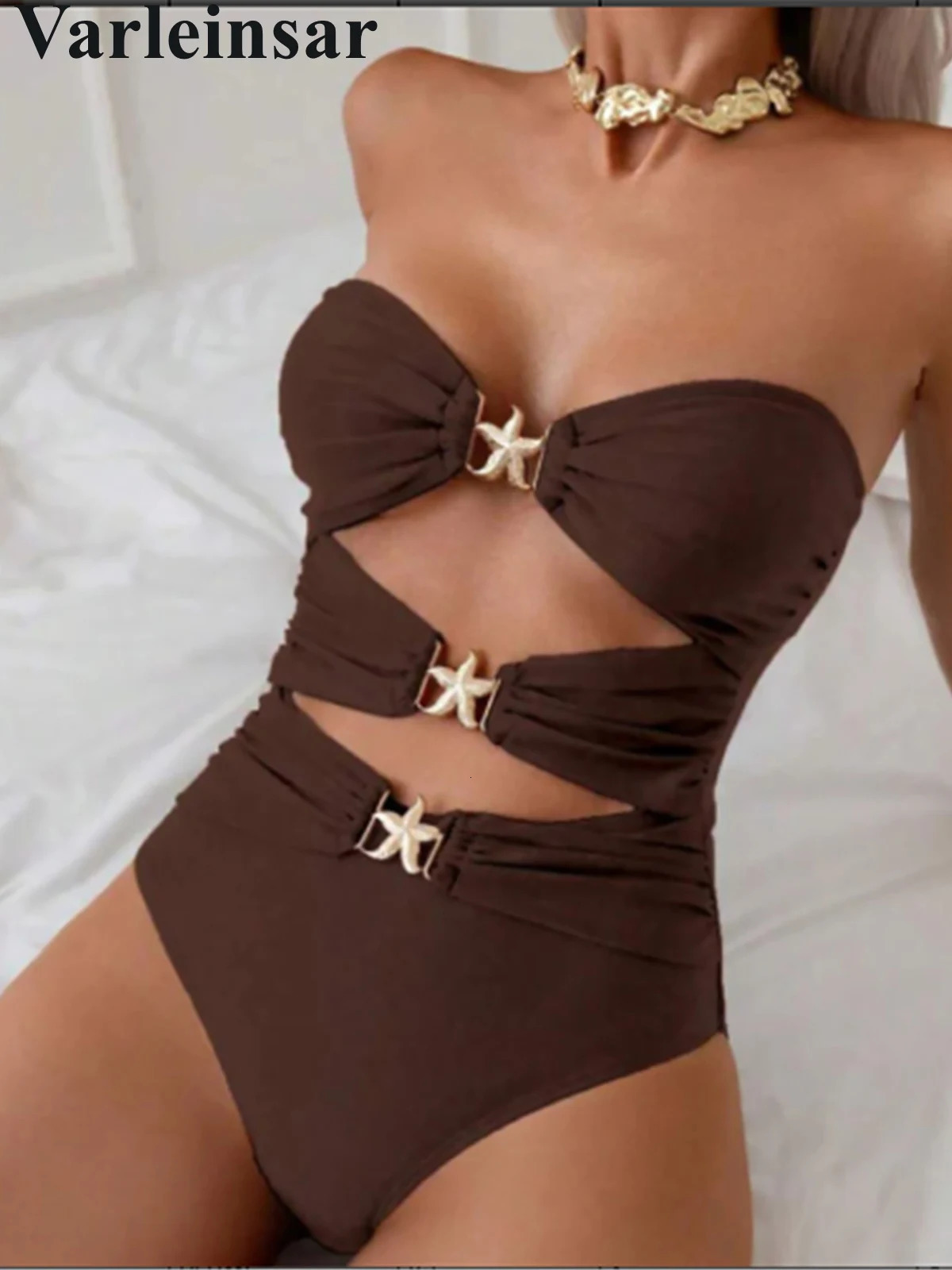 XS - XXL Bandeau Metal Stars High Leg Cut Out Women Swimwear One Piece Swimsuit Female Full Back Bather Bathing Suit Swim V6464 250317