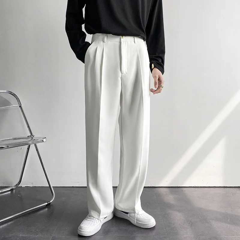 New brushed straight mens pants fashionable business Korean loose casual white black gray wide leg Trouser mens jacket set pantsT250322