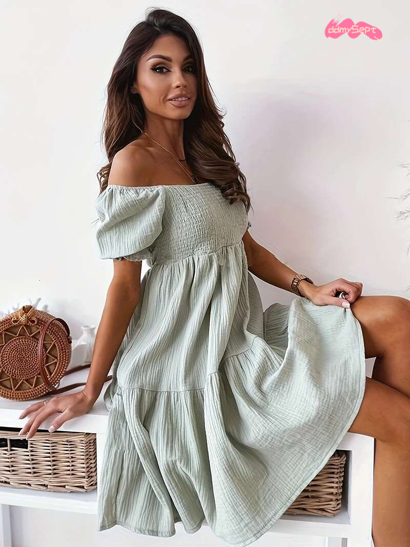 2025 Spring Summer Women's Casual Off-Shoulder Dress with Ruching, Bubble Sleeves, Midi-Length, Stretchy, Elegant Ruffles ddmySept
