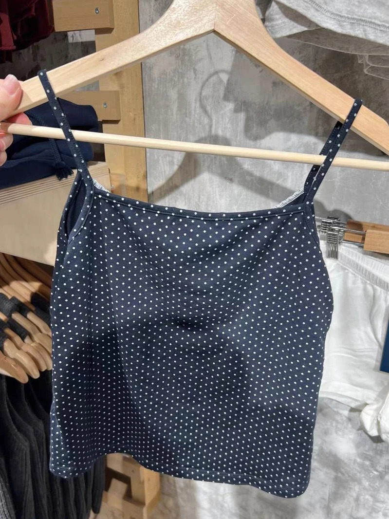 2-piece set of polka dot navy cotton vest shorts womens three button lace decorative vest top elastic waist straight shorts sweet set 250318