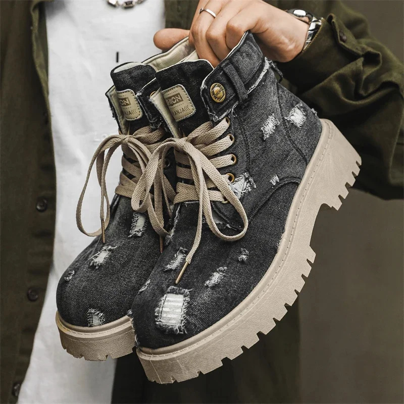 denim lace mens boots walking travel boots Japanese style apartment platform ankle boots mens shoes casual dress 250318