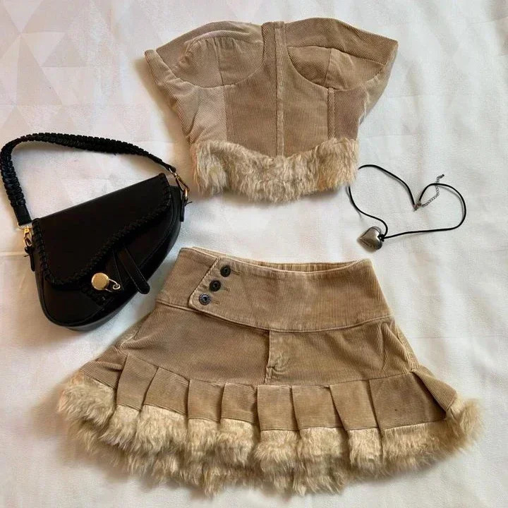 Two piece womens set Y2K Pu leather patchwork denim black skiing set Harajuku Gothic sexy zipper jacket mini skiing 250317