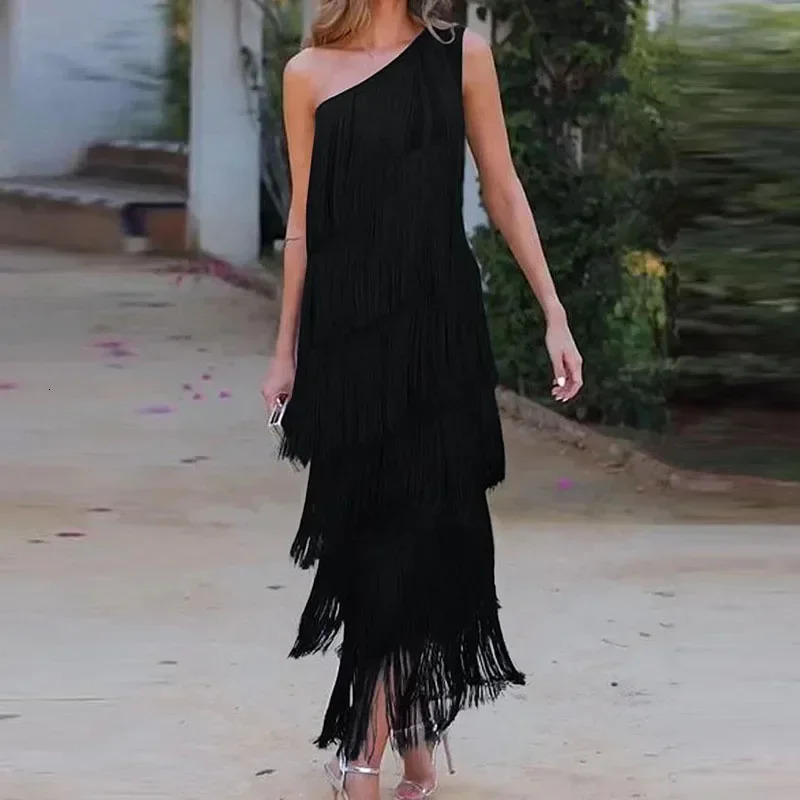 Elegant Asymmetric Slim Evening Dress Fashion Tassel Club Party Lady Sexy Diagonal Collar Sleeveless Tank Long 250320