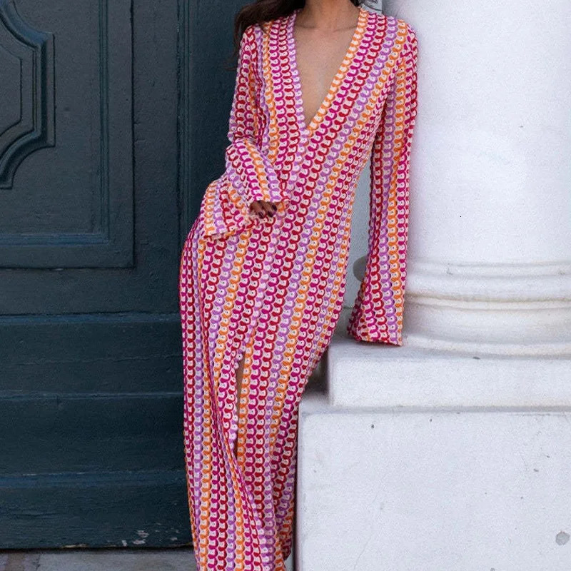 Crochet colorful striped sparkling sleeves Maxi dress Vneck high splicing sexy lace long 2024 beach party vest 250318
