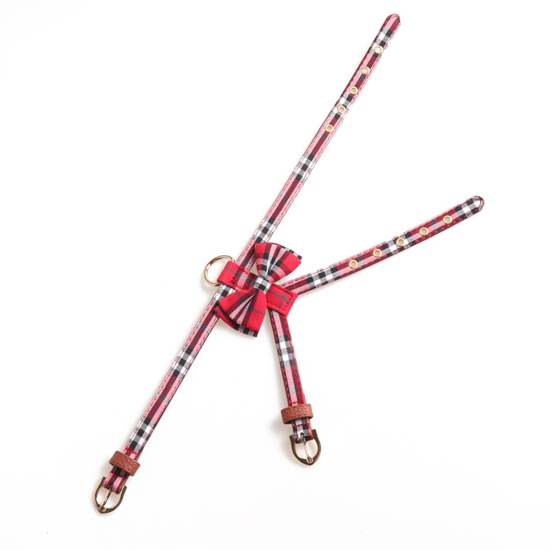 New Product K-shaped Bowknot Dog Harness Set with Two Adjustable Metal Buckles Portable Small Dog Harness, PU Leather Classic Plaid Puppy Harness and 
