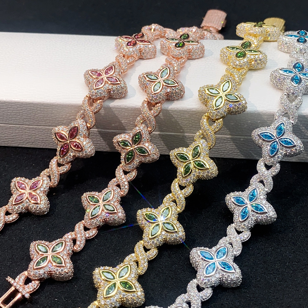 Factory wholesale new arrivals Hot selling S925 silver full set moissanite clover Cuban chain hip-hop bracelet Morganite VVS luxury men's necklac