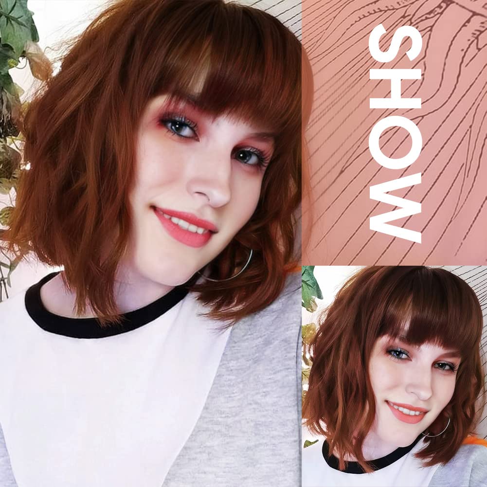 Short Auburn Wigs for Women Dark Ginger Wig with Bangs Brown Wigs Curly Hair Medium Length Synthetic Bob Wig Wavy Colorful Wigs