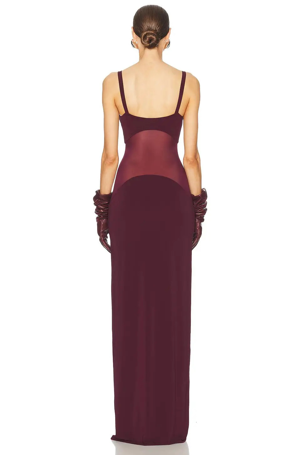 Summer fashion mesh Burgundy See Through Patchwork long dress without back tight Maxi Bodycon cocktail party wearing vest 250320