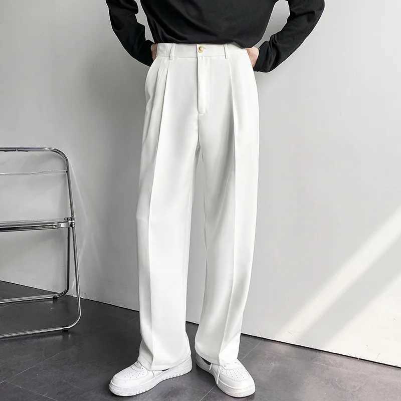 New brushed straight mens pants fashionable business Korean loose casual white black gray wide leg Trouser mens jacket set pantsT250322