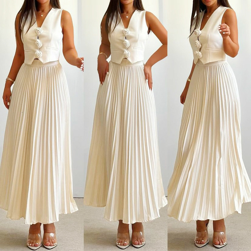 Summer Elegant Women Two Piece Skirt Set Sexy Y2K Sleeveless Floral Vest Top Shirt High Waist Pleated Maxi Skirt Suit Outfits 230606