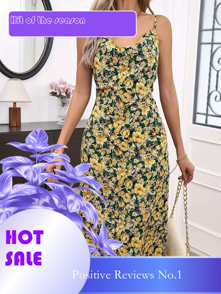 Dongdumaoyi Zomer Nieuwe Collectie Elegante Gedrapeerde Kraag Bloemenprint Mouwloze Maxi Jurk Stijl A