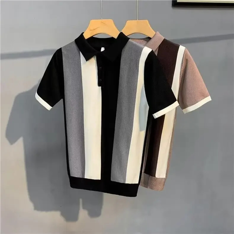 Summer Mens Polo Shirt Korean Edition Retro Stripe Unique Zipper Half Sleeve Ice Silk Knitted Top Casual Tshirt 250312