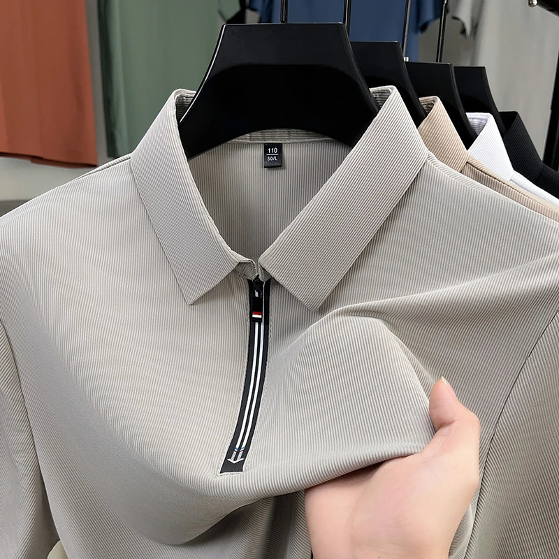2025 mens solid color polo shirt short sleeved zipper summer lightweight street clothing breathable top 250322