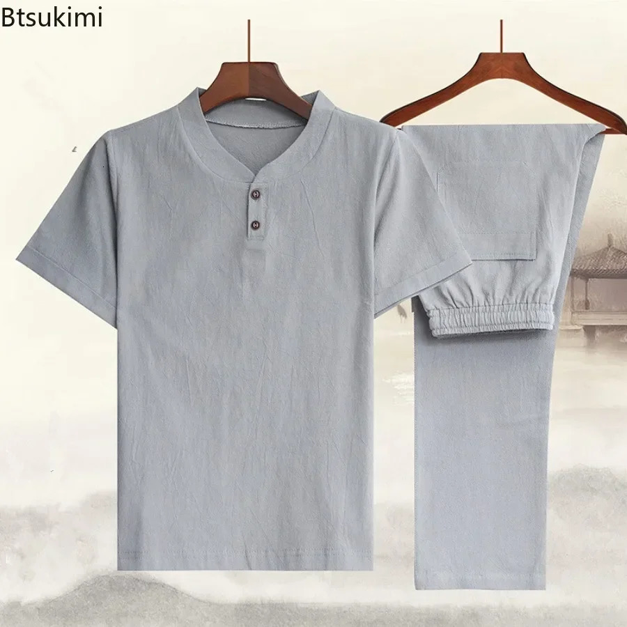 Mens Summer Chinese Style Sets Vintage Cotton Linen Short Sleeve V-neck Shirt and Pants Suit Sets Loose Casual Men Outfits 250318