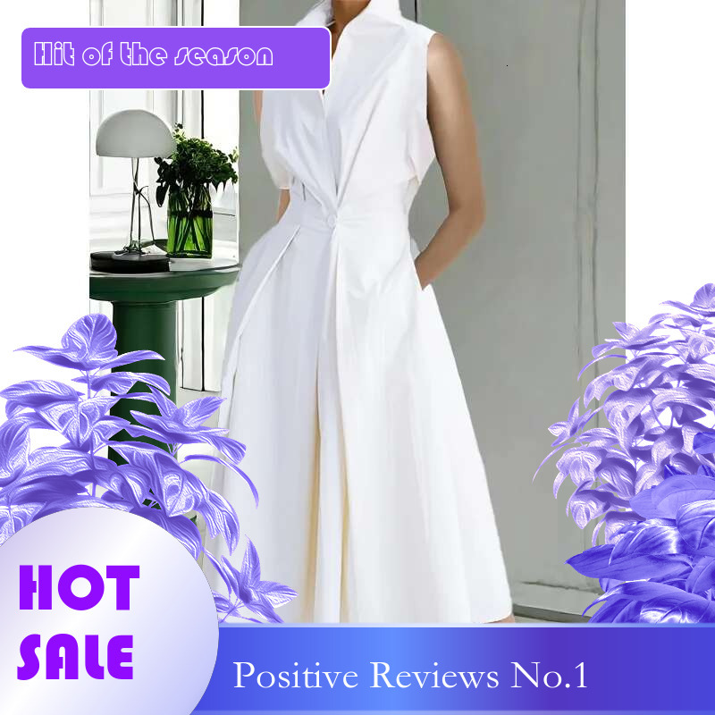 Dongdumaoyi Elegante Midi Effen Kleur Revers Lange En Mouwloze Jurk Voor Alle Seizoenen WD