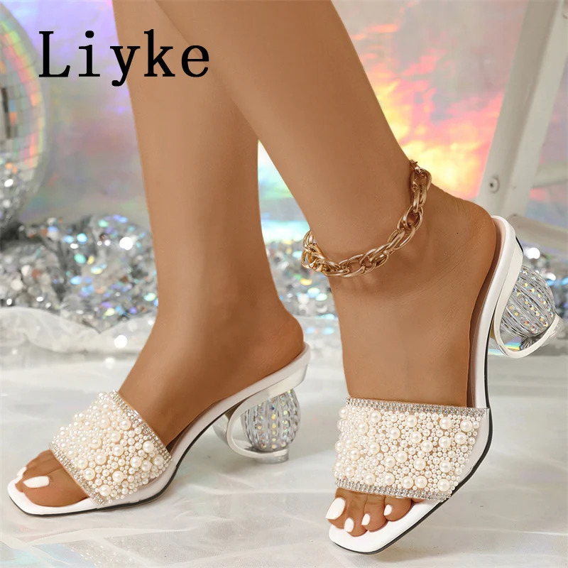 Liyke Size 36-42 Women Summer Party Slippers Fashion White Pearl Sandals Female Shoes Strange High Heels Mules Slides 250321