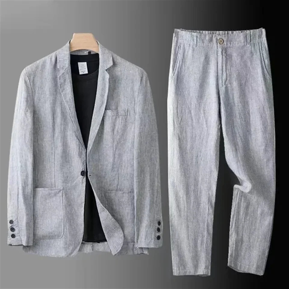 Spring/Summer Mens Linen Set Loose Ultra Thin Breathable Comfortable Business and Leisure Two Piece Set 250318