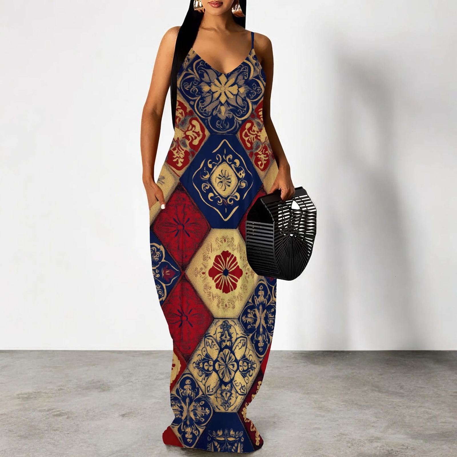 Womens summer plus size Hawaiian dress spaghetti strap long skirt beach bohemian casual sun dress 250317