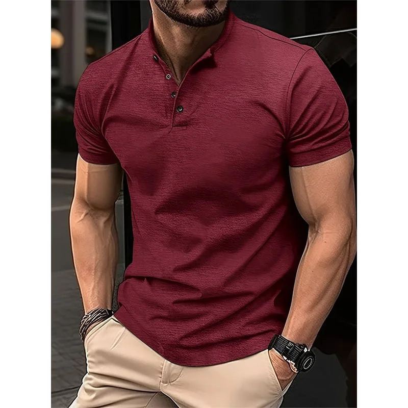 Trend Fashion Men Clothing Polo Shirts Summer Stand Collar Solid Button Smart Casual All-match Short Sleeve Slim T-shirt Top 250321