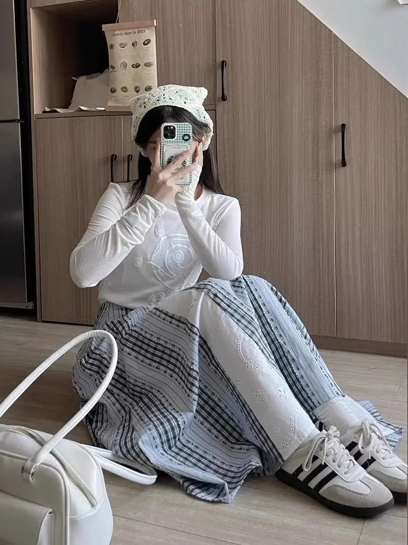 Wedbleser Sweet Printed Patchwork Striped Midi Skirt Womens Summer Casual Style High Waist A-line Long Skirts 250319