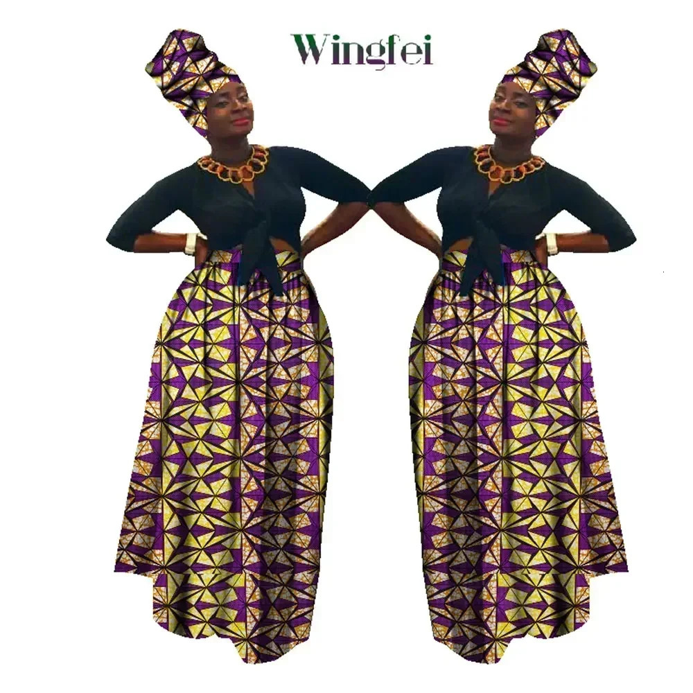 Dashiki African High Waist Ball Grown Skirt Bazin Riche African Skirt and African Headscarf 2 Pieces Lady Maxi Long Skirt WY1270 250322