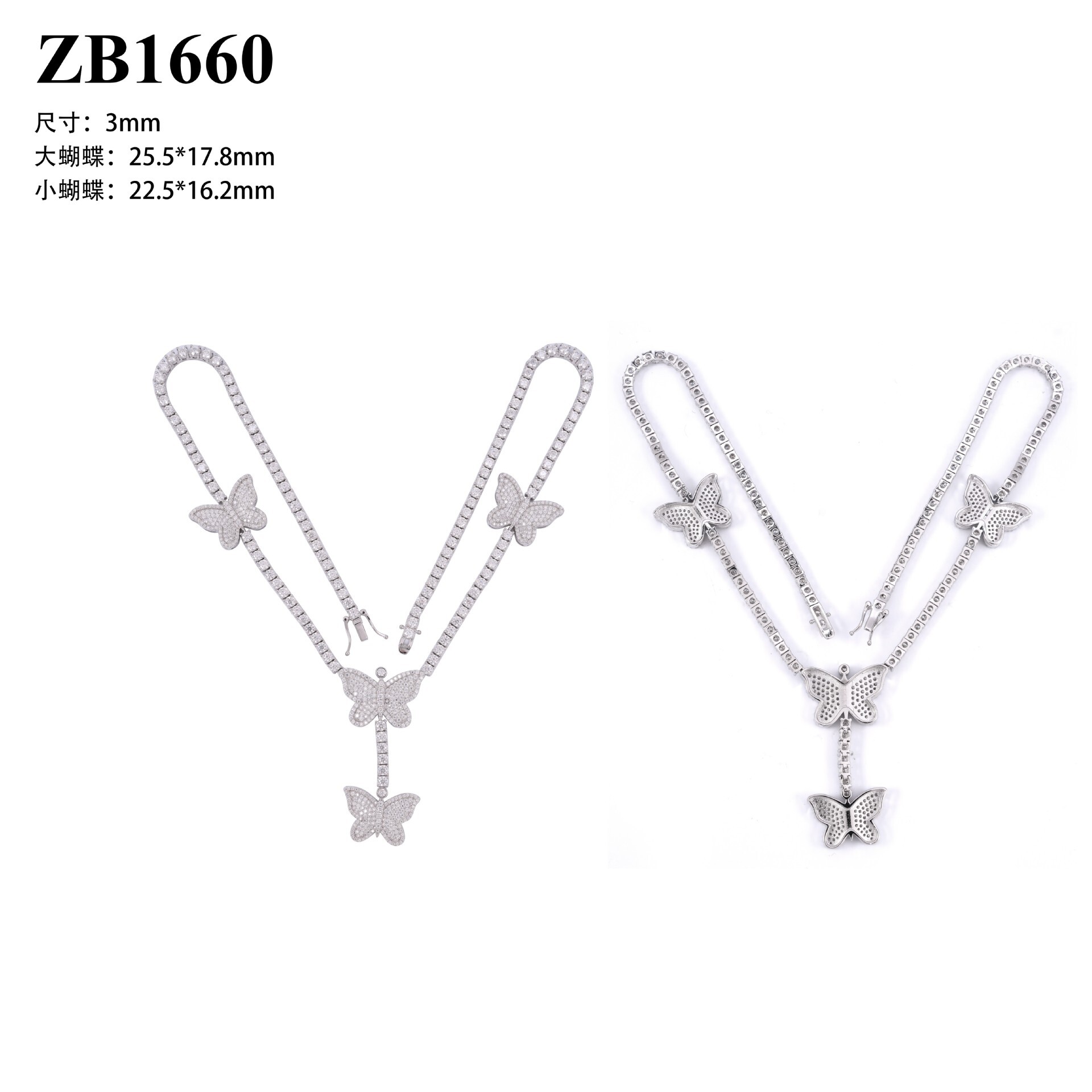 New S925 Silver Set 3mm Moissanite Tennis Chain Personalized Butterfly Full Set Hip Hop Necklace