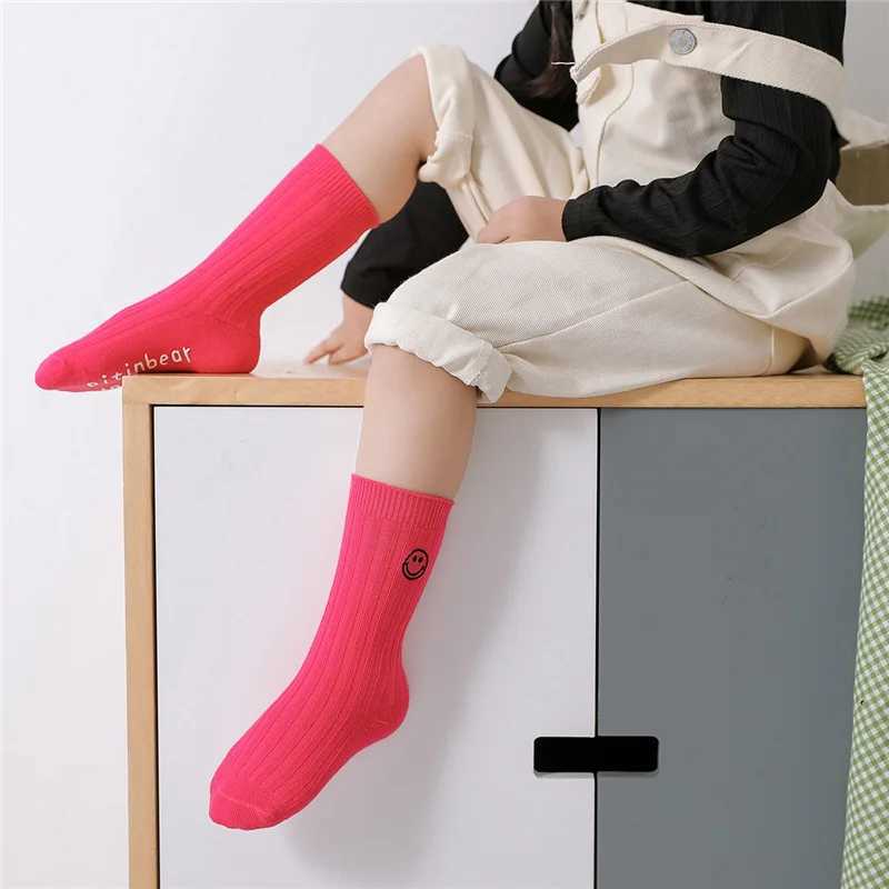 Childrens cotton short socks solid color fluorescent fashionable socks striped smile cute baby feet wearing breathable X2503221