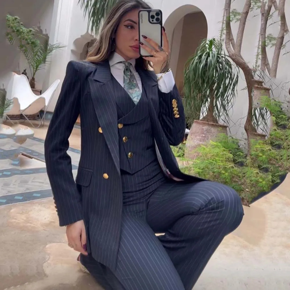 y Navy Blue Striped Womens Set Single Chest 3Piece Jacket Pants Vest 250321
