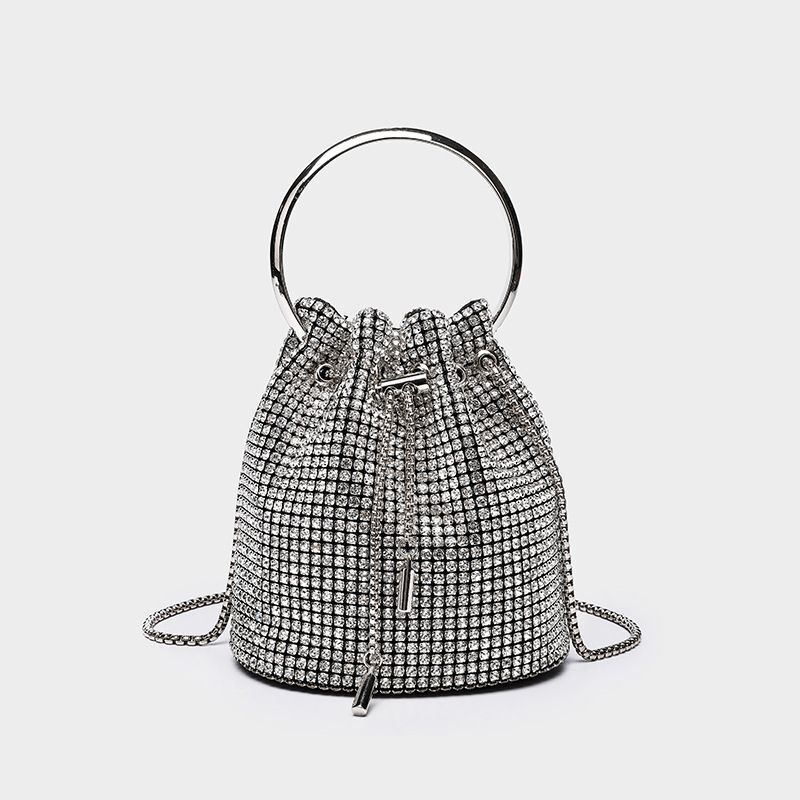 2025 new bucket womens shoulder diagonal cross handbag tassel shrink chain bag