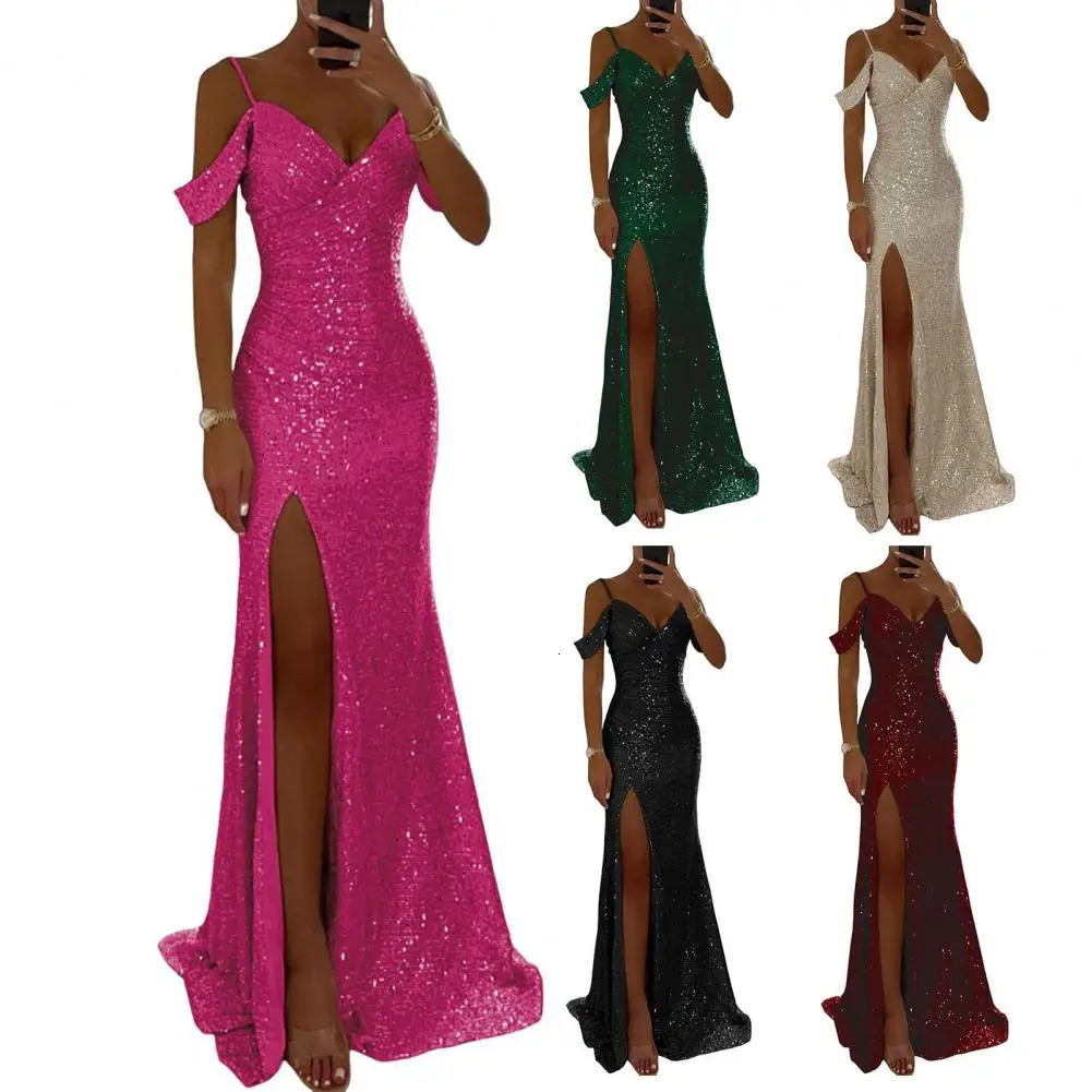 Womens sequin pendant dress long elegant ball used for and wedding parties shoulder Vneck banquets 250320