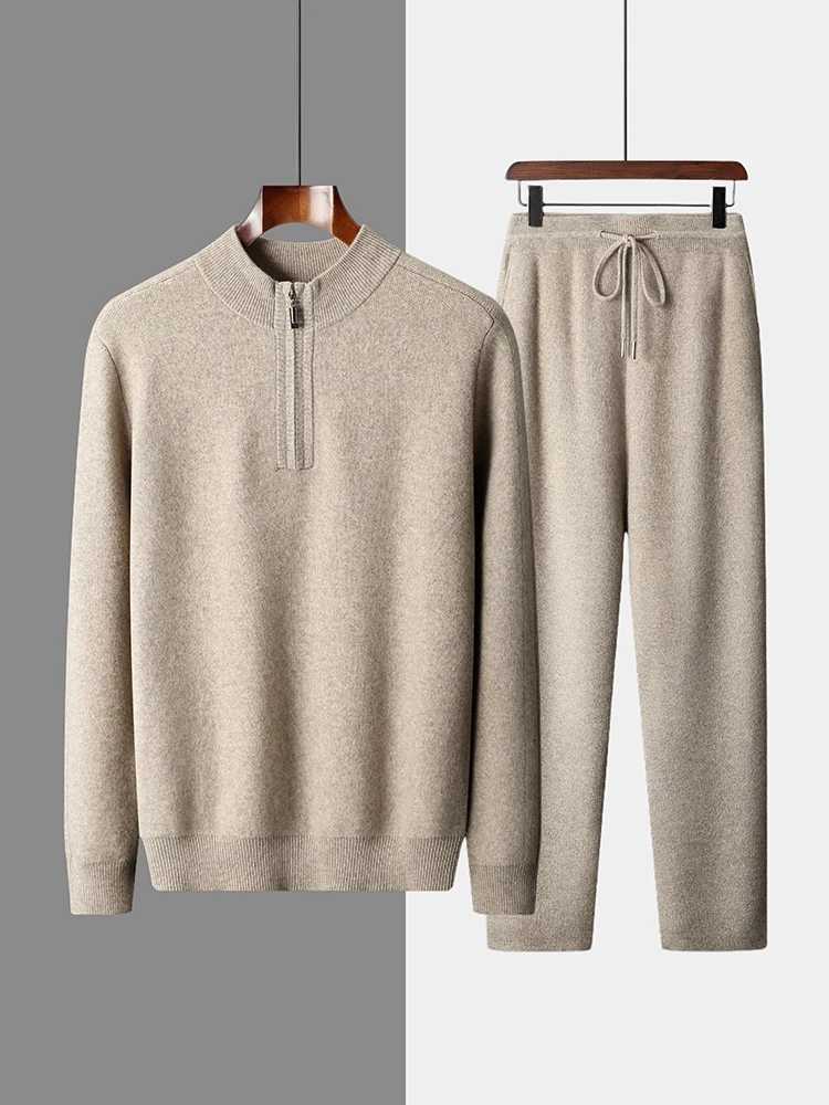 Mens 100% cashmere sweater set plain collar zipper floral cashmere pants autumn and winter thick high-quality cashmere knitted top W250322