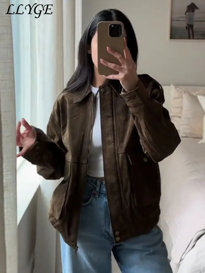 Vintage Womens Suede Bomber Jackets Fashion Lapel Zipper Full Sleeve Pocket Coats 2025 Spring Lady Elegant Casual Outwear 250319