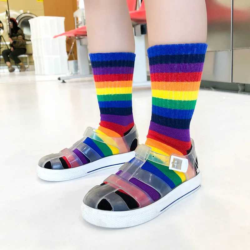 1 pair of rainbow socks suitable for children spring and summer colorful stripes breathable cotton for girls and boys tube socks school principal sock