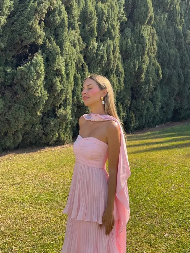 chic pink scarf long sleeved vest elegant strapless ultrathin pleated cake Maxi dress womens party club robe 250321