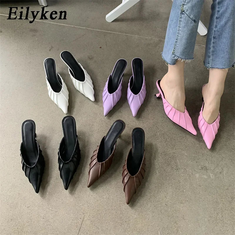 Eilyken Fashion Purple Pink Pointed Toe Women Slippers Concise Casual Thin Low Heels Ladies Mules Slides Shoes 250322