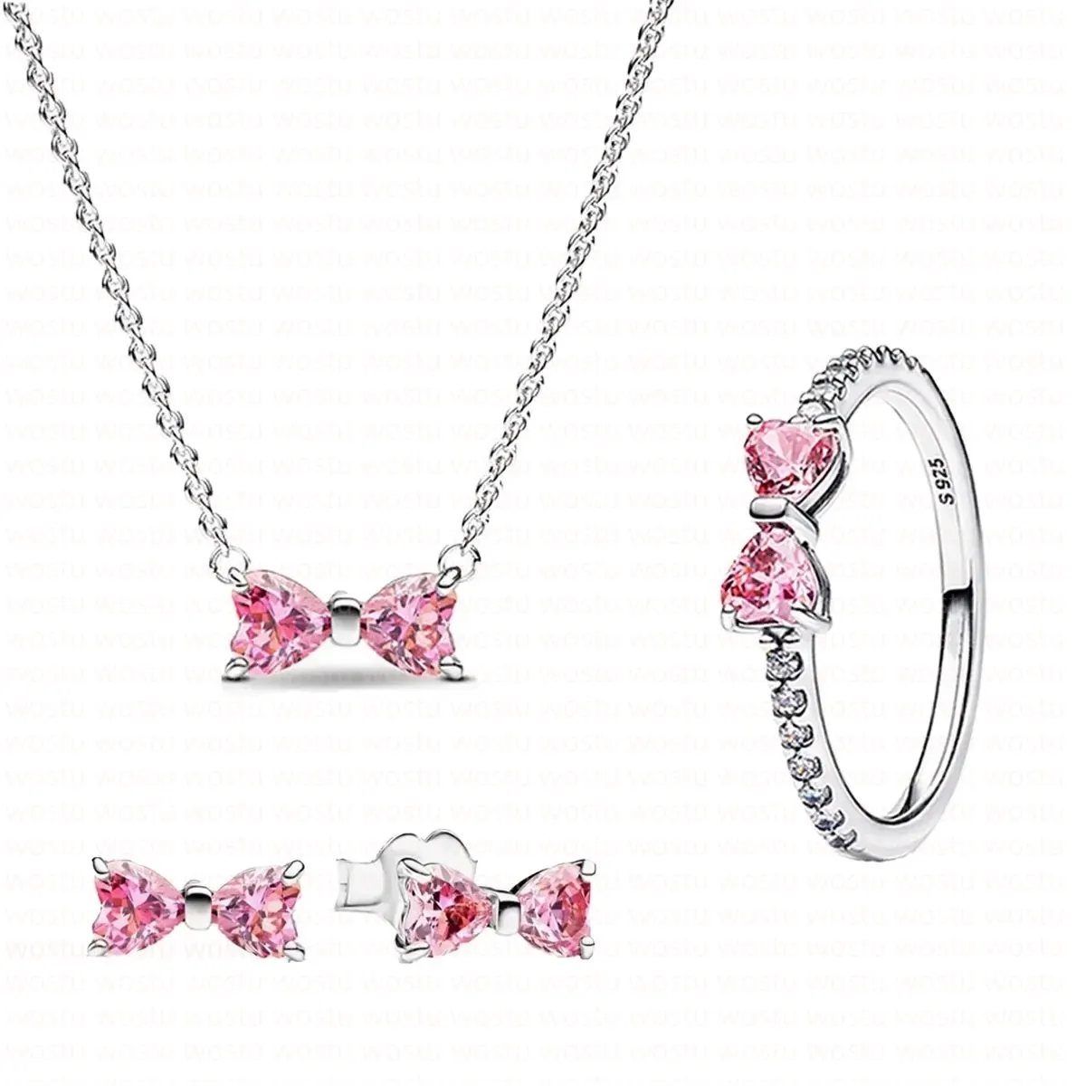 with box designer Ring for Women necklace earrings necklaces 925 Silver Zircon Pink Shining Bow Set Rings heart Earrings Necklace Fine Jewelry Mother Day Gift