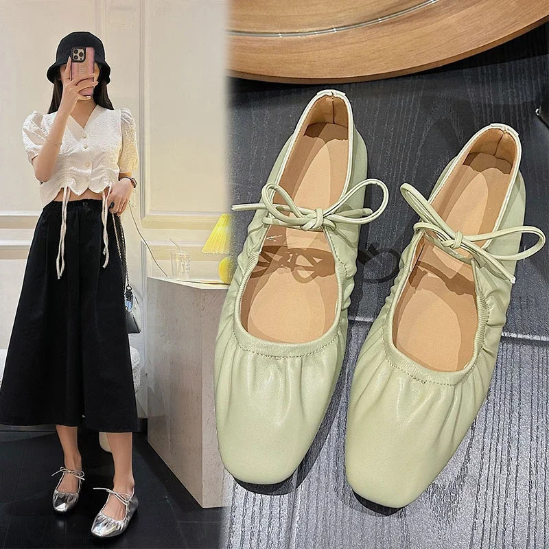 Women Flat Shoes Genuine Leather Sheepskin Comfort Flats Slip On Silver Beige Simple Shoes Spring Autumn Soft Loafers Square Toe 250322