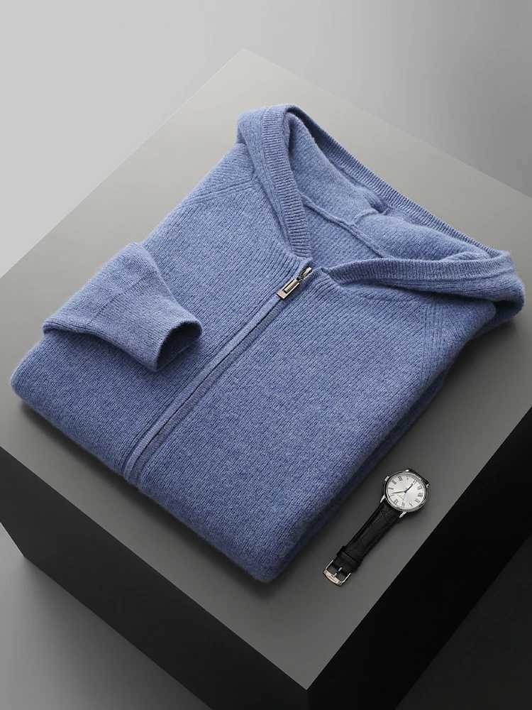 Luxury Men 00% Merino Wool Hooped Cardigan Autumn Winter Thick Warm Cashmere Sweater Casual Zipper Hoodie Male Soft Coat Top W250322