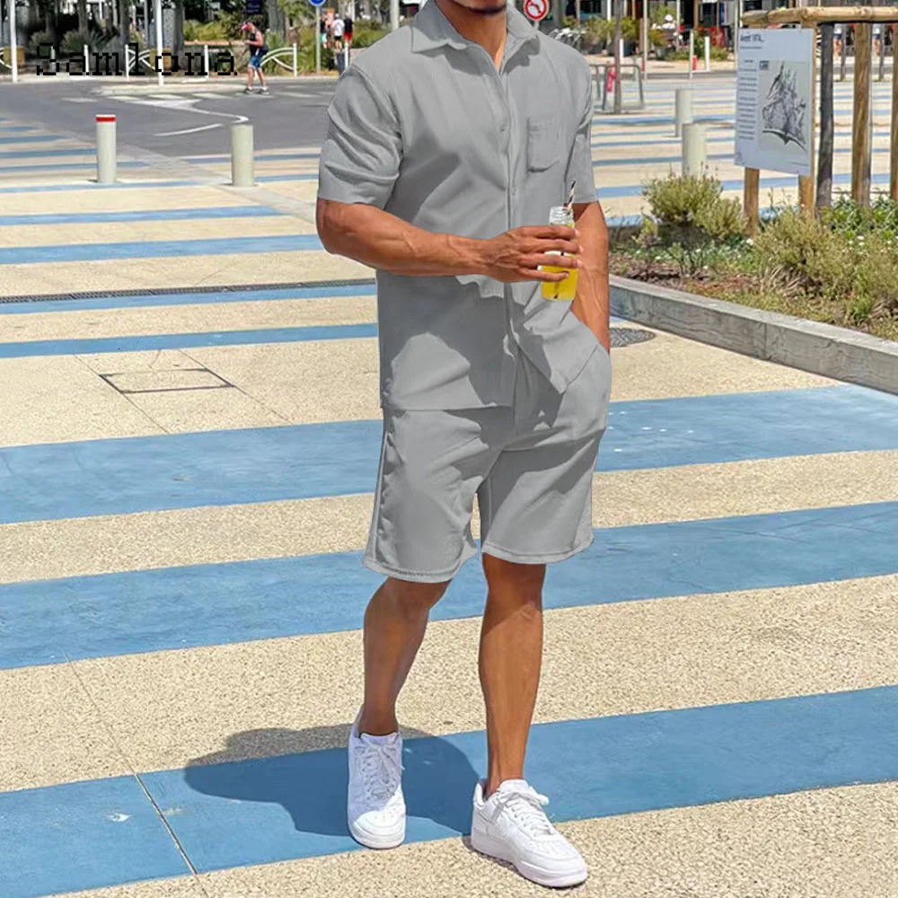 Plus Size 3xl Mens Casual Linen Two Piece Set Single Chest Top Shirt and White Shorts Set 250318