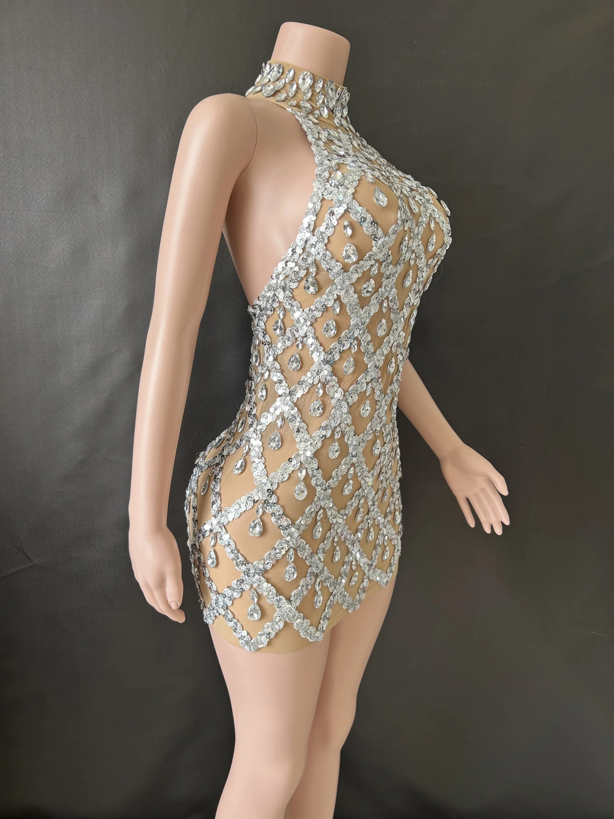 Womens sexy stage sparkling rhinestone sequin dress evening dance party birthday transparent performance singer club host 7G w250320